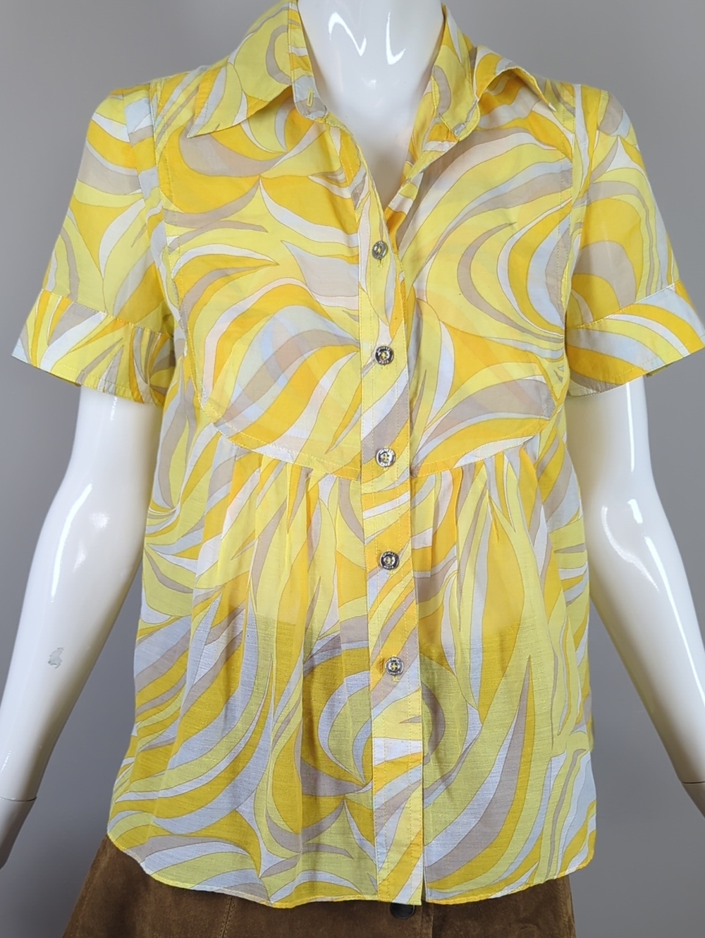 Women's Yellow Swirl Short-Sleeve Button Front Top Michael Kors Sheer Xs - Picture 3 of 9